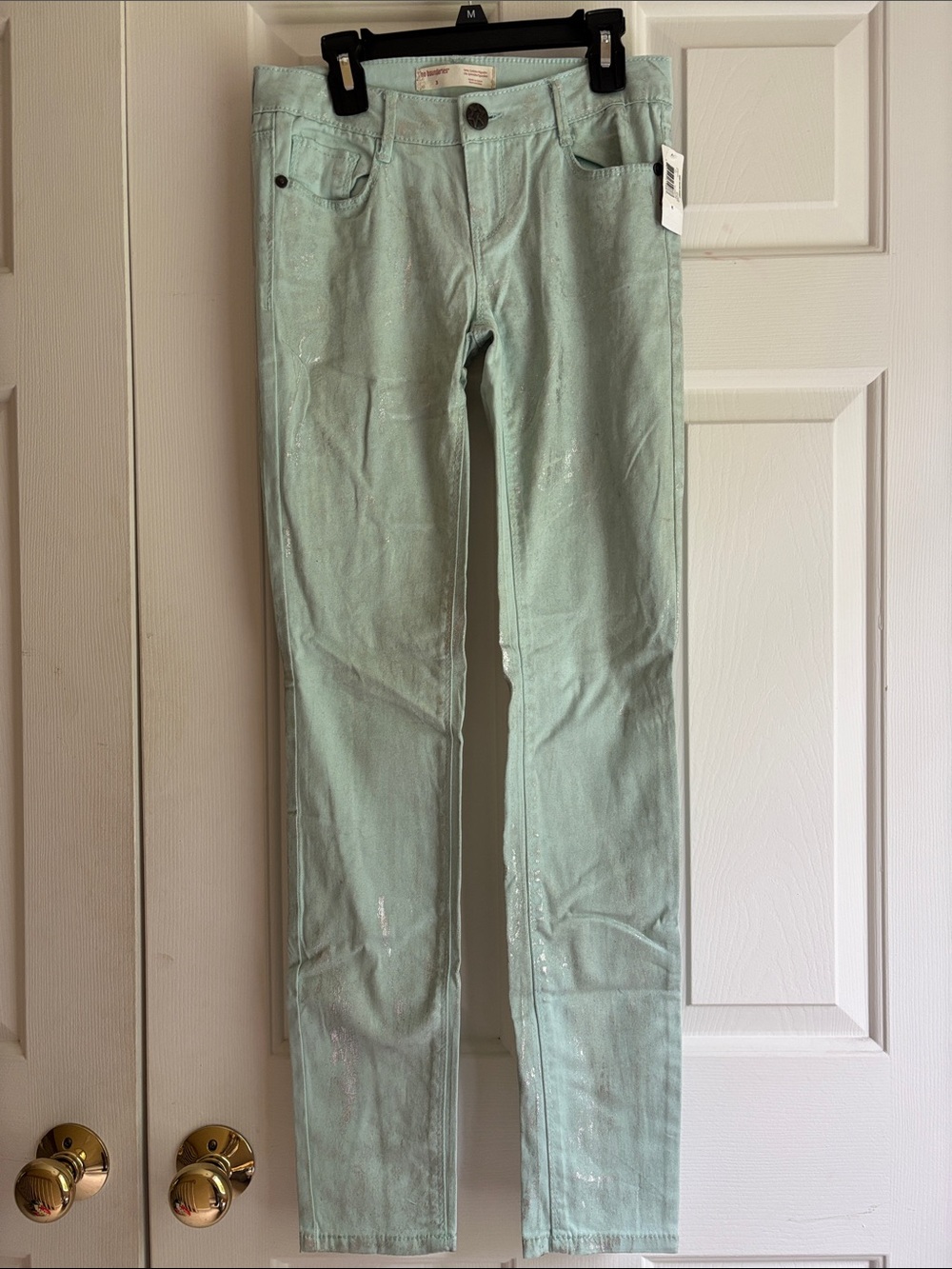 New Y2K, no boundaries size 3, mint silver, metallic skinny jeans